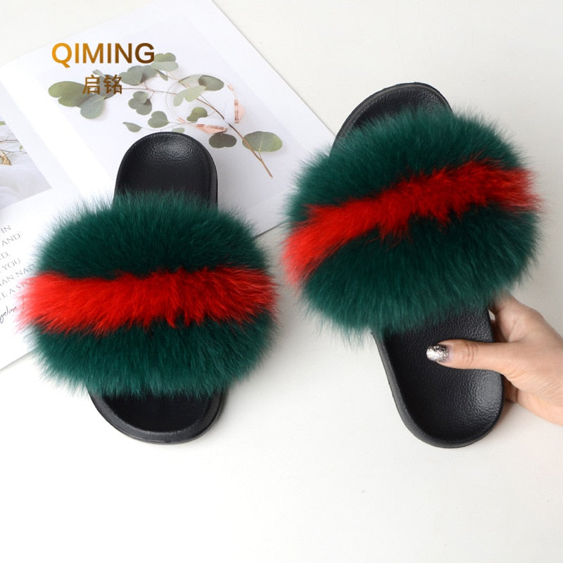 Women Summer Furry Fur Slippers Flat Non-slip Solid Real Fox Fur Slides Fluffy Slippers Ladies Shoes Woman Home Slipper