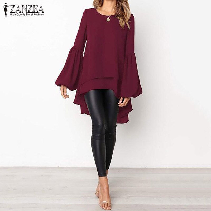 Women Blouse ZANZEA Autumn Crew Neck Lantern SleeveShirt Casual Solid Blusas Femininas Long Tops Tunic Asymmetrical Hem Blouses