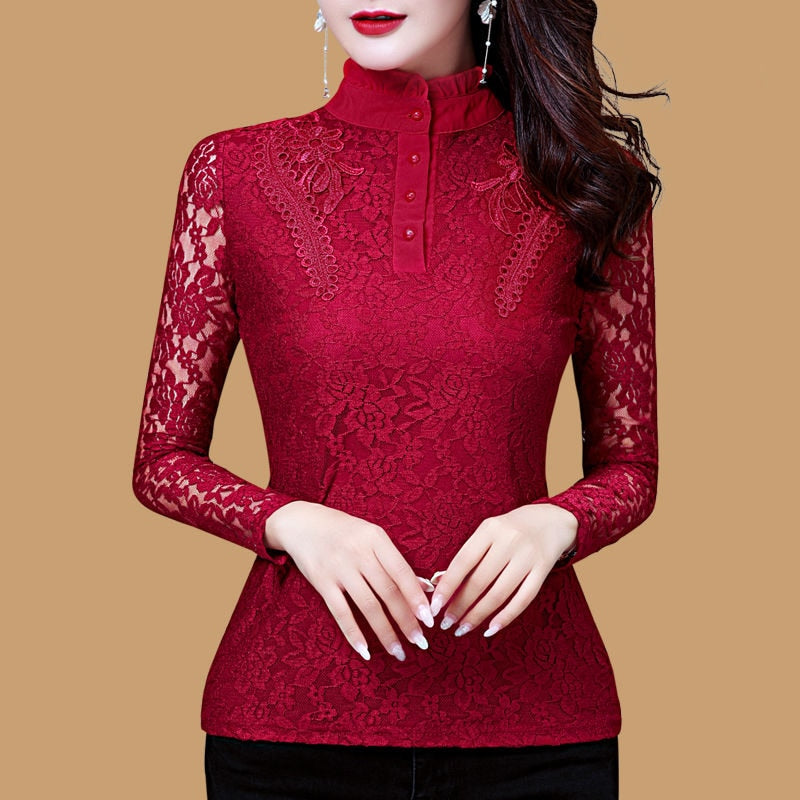 Women Spring Autumn Style Slim Lace Blouses Shirts Lady Casual Long Sleeve Turtleneck Flower Printed Lace Blusas Tops DD8199