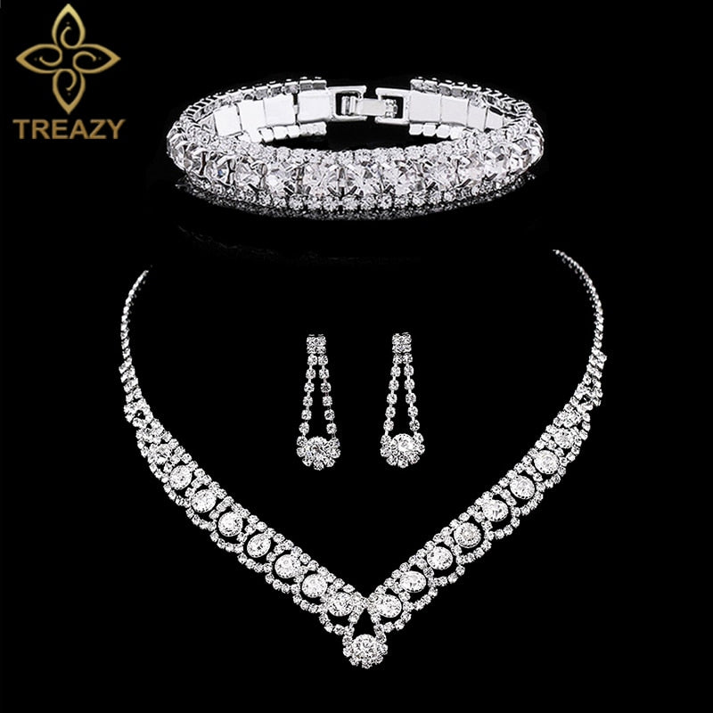 TREAZY Silver Color Rhinestone Crystal Bridal Jewelry Sets for Women Necklace Earrings Bracelet Set Wedding Jewelry Accessories