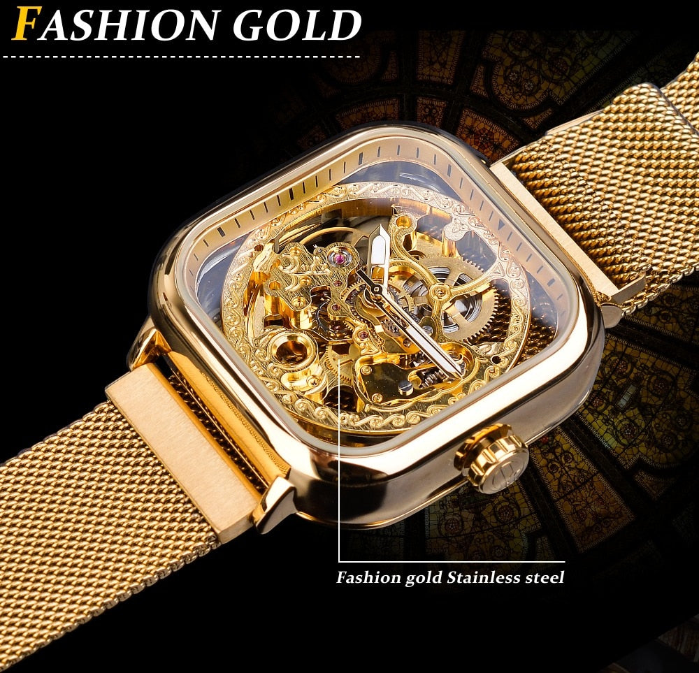 Forsining Golden Men Automatic Watch Square Skeleton Mesh Steel Band Mechanical Business Clock Relogio Masculino Erkek Kol Saati