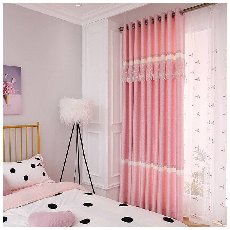 Modern Pink Girl Cotton and Hemp Stitching Shading Curtains for Living Dining Room Bedroom French Window Tulle Curtains