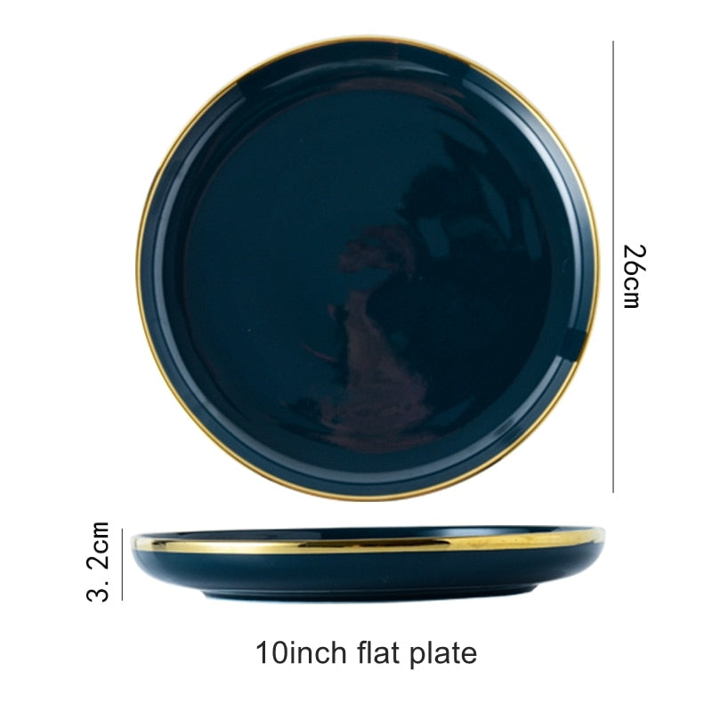 Blue Porcelain Dinner Plates Dishes Luxury Gold Inlay Ceramic Cake Food Plate Bowl Tableware Plate Sets Dish for Restaurant