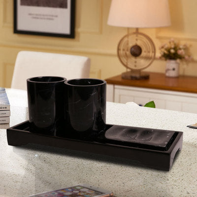 Black Marble Pattern Tray Resin Bathroom Set Toothbrush Holder Soap Dispenser Soap Dish Men's Bathroom Accessories Set Home Deco