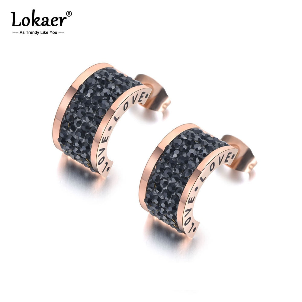 Lokaer Stainless Steel Semicircle Black Rhinestone Love Wedding Earrings For Women Rose Gold Engagement Earrings Jewelry E19047