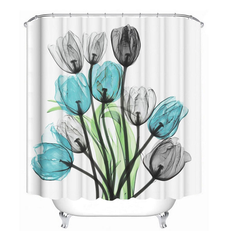 Colorful Tulip Lotus Flowers Trees Shower Curtain Sets Non-Slip Rugs Toilet Lid Cover and Bath Mat Waterproof Bathroom Curtains