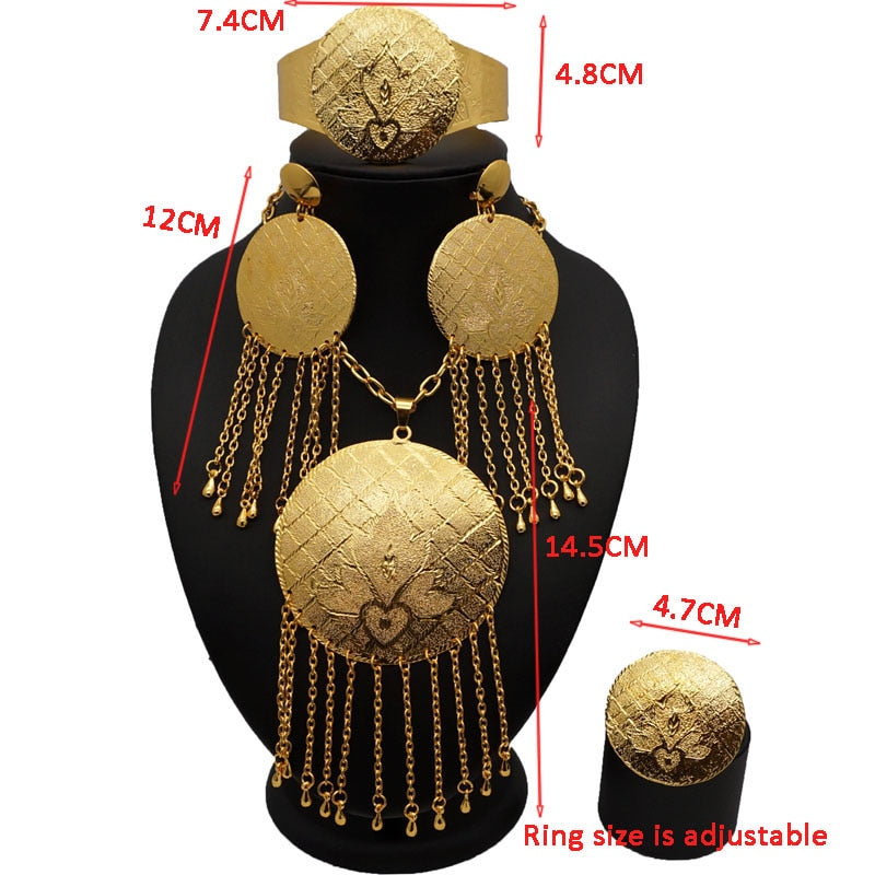 Fashion Gold Color Jewelry Sets African Bridal Big Jewelry sets Women Necklace Bracelet Earings Ring Wedding Gifts