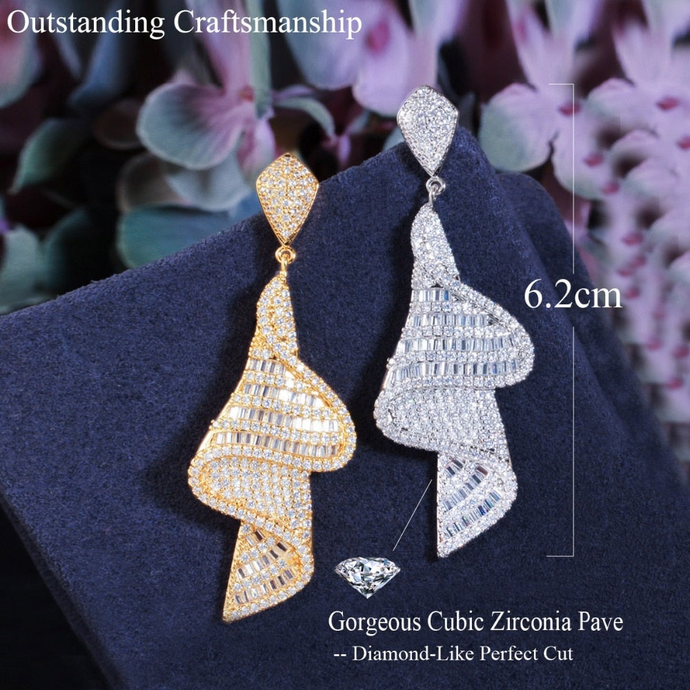 CWWZircons Geometric Sparkling Fancy White Cubic Zirconia Big Long Drop Earrings for Women Dubai Gold Color Bridal Jewelry