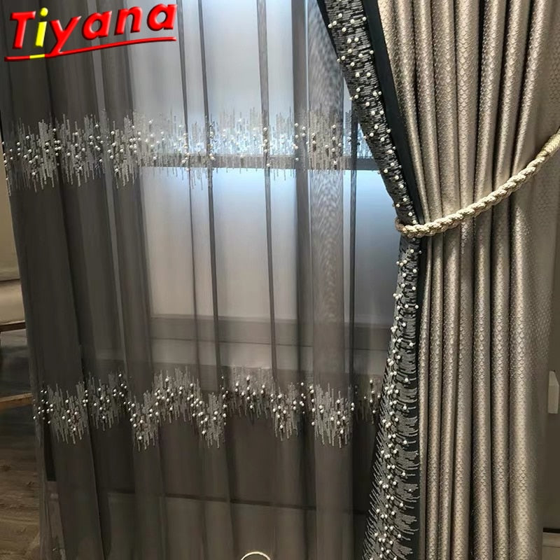 French Luxury Embroidery Sequins Tulle Curtains for Living Room Pearls sequins Curtains Yarn for Bedroom Customized X-M232#CR