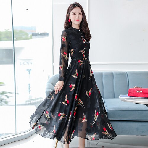 3XL Plus Size Vintage Chiffon Black Casual Midi Dress 2021 Autumn Winter Elegant Women Boho Maxi Dress Party Long Sleeve Vestido