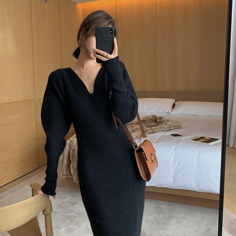 Elegant Long White Knitting Dress Women Winter V-Neck Long Sleeve Bodycon Dress Korean Office Lady High Waist Vintage Dress 2021