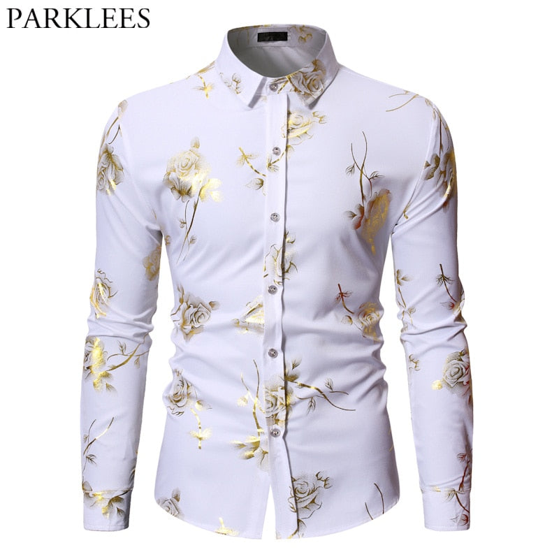 Mens Gold Rose Floral Print Shirts 2019 Brand Floral Steampunk Chemise White Long Sleeve Wedding Party Bronzing Camisa Masculina