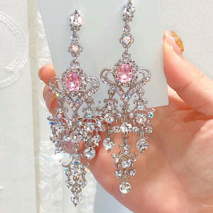 MENGJIQIAO New Vintage Luxury Red Heart Crystal Dangle Earrings For Women Elegant Rhinestone Tassel Party Jewelry