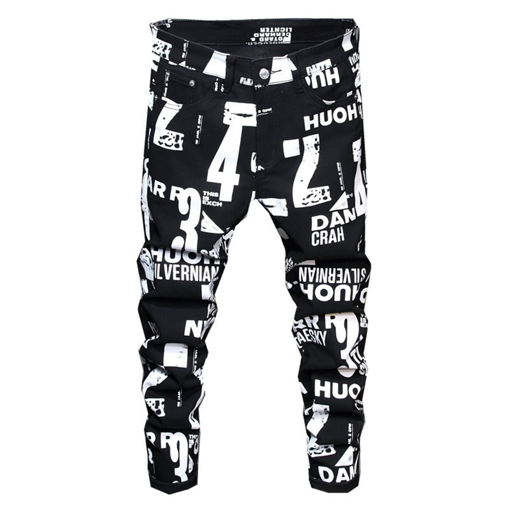 Men's White Letters Numbers Print Black Jeans Trendy Sim Fit Stretch Denim Pencil Pants Trousers