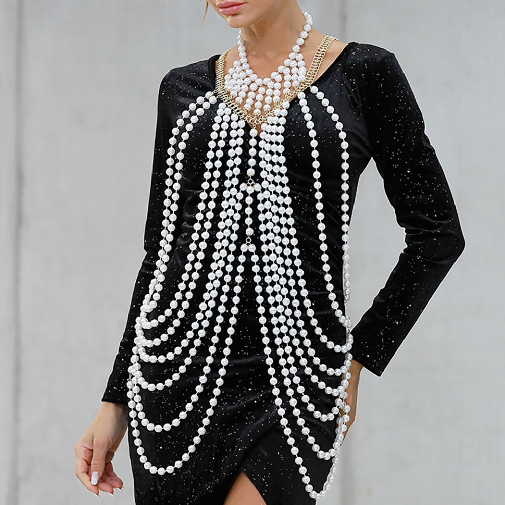 Women Pearl Shawl Necklaces Body Chain Sexy Beaded Collar Shoulder Pearl Bra Top Sweater Chain Wedding Dress Body Jewelry