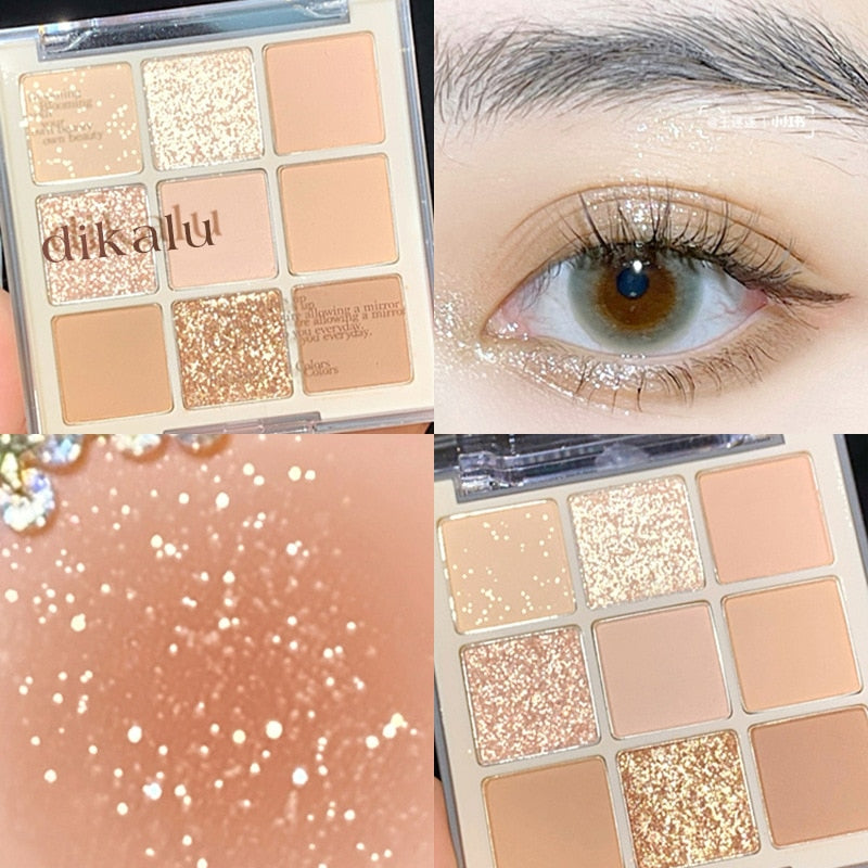 DIKALU Milk Tea 9 Color Eyeshadow Palette Daily Pearly Matte Eyeshadow Waterproof Shimmer Glitter Eye Shadow Palette Makeup