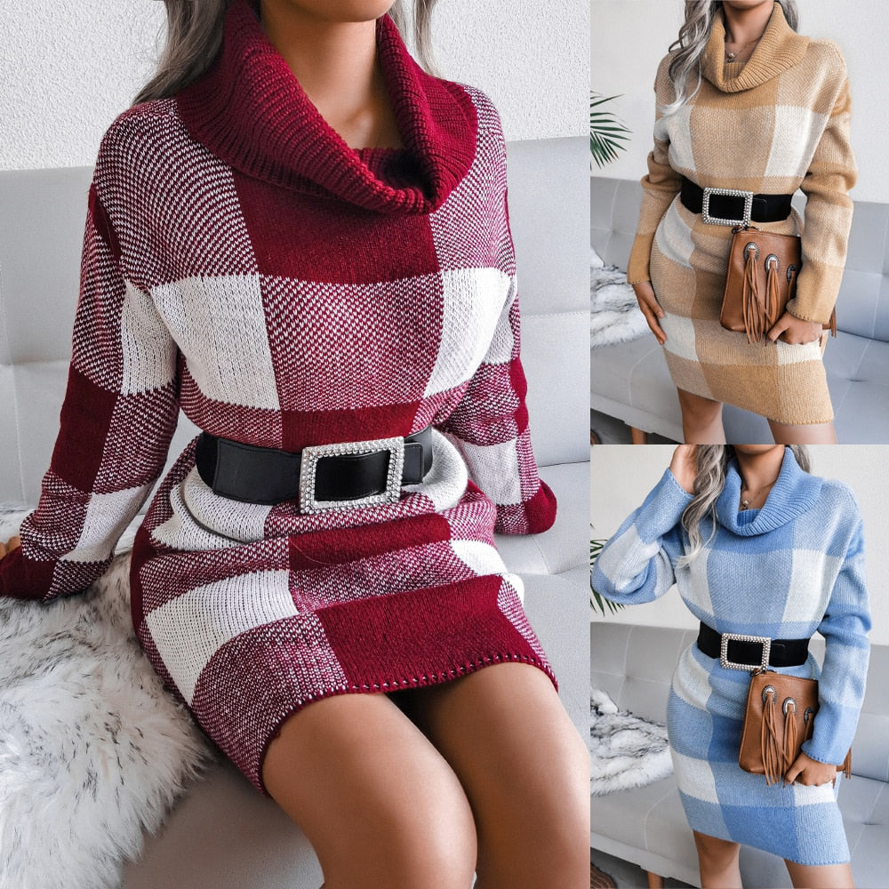 Plaid Autumn Winter Dress Women 2021 Long Sleeve Turtleneck Knitted Sweater Dresses For Womens Casual Dress