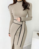 Woman Dress With Belt Vintage Patchwork Slim Knitted Midi Dresses Women Autumn Winter Elegant Sweater Knit Dress 2021 Vestidos