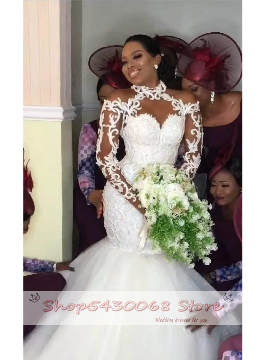 2021 Latest African Mermaid Wedding Dresses Elegant Halter Long Sleeves Lace Appliques Beads Bridal Gowns vestido de noiva