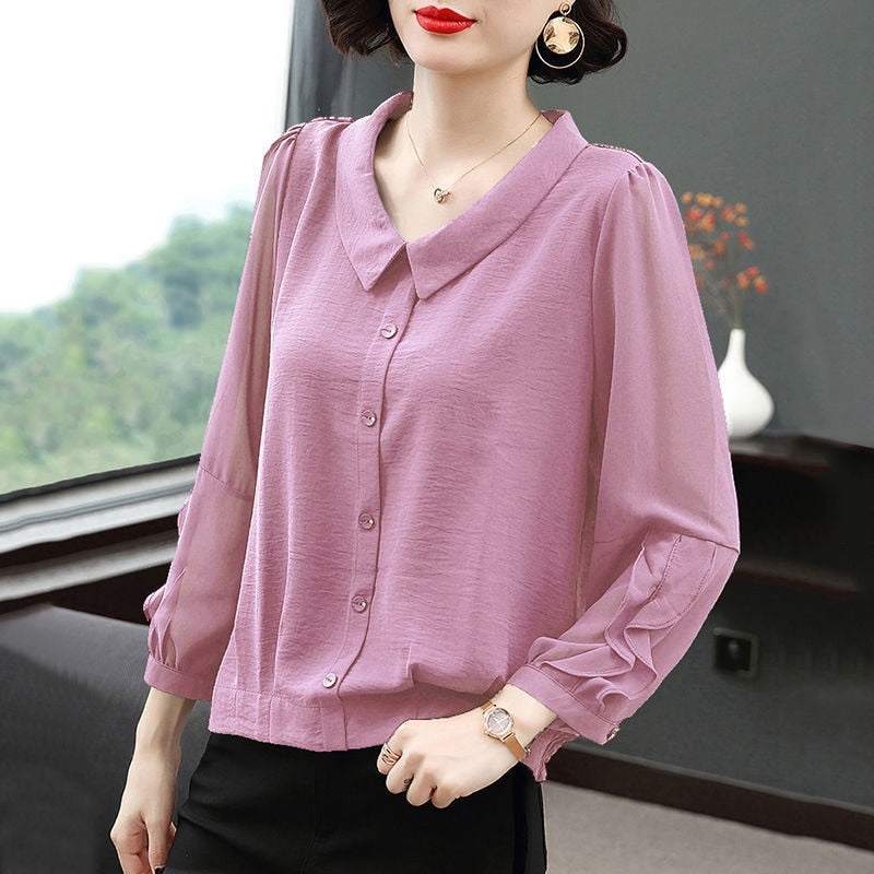 Women Spring Summer Style Chiffon Blouses Shirts Lady Casual Long Sleeve Peter Pan Collar Blusas Tops DF4033