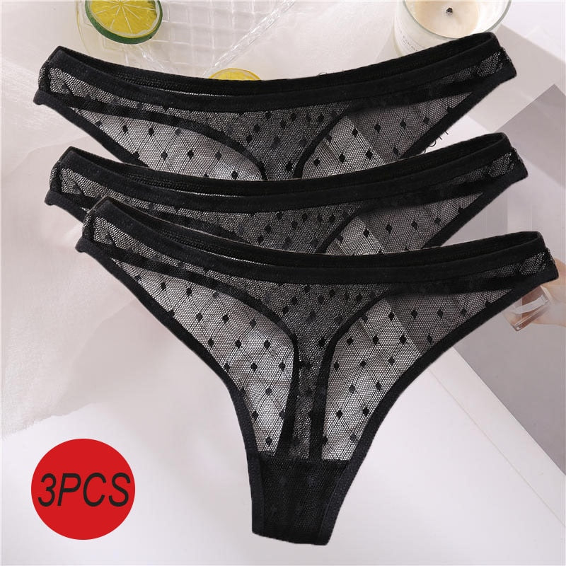 3PCS/Set Sexy Panties Women G-String Thong Lace Underwear Pantys Low-Waist Female Underpants Mesh Perspective Briefs Lingerie