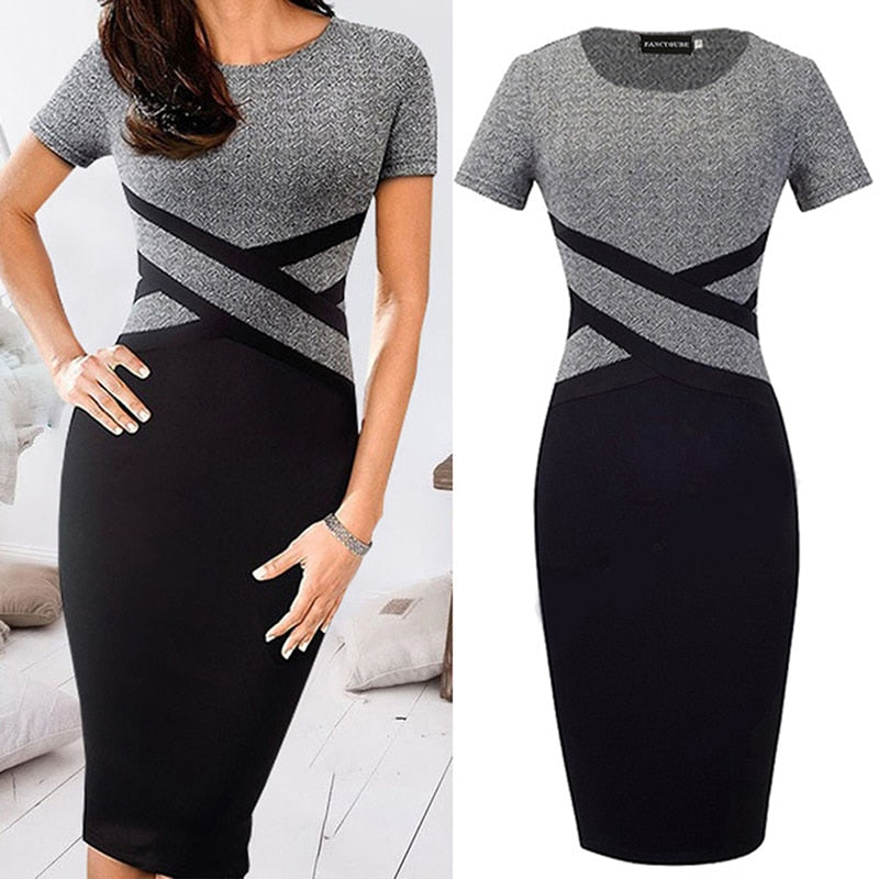 Sexy Slim Party Dress Women Short Sleeve O-neck Midi Dress Summer Vestidos Black Gray Patchwork Striped Bodycon Dress