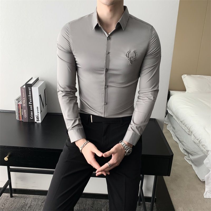 Solid Simple Mens Casual Shirt Slim Fit Business Formal Wear Deer Head Embroidery Shirt Men Brand New 2020 Long Sleeve Men Shirt