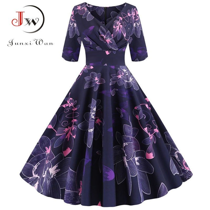 Women flower print Autumn dress Casual Winter half sleeve Elegant Vintage dress Robe femme plus size pinup office party vestidos