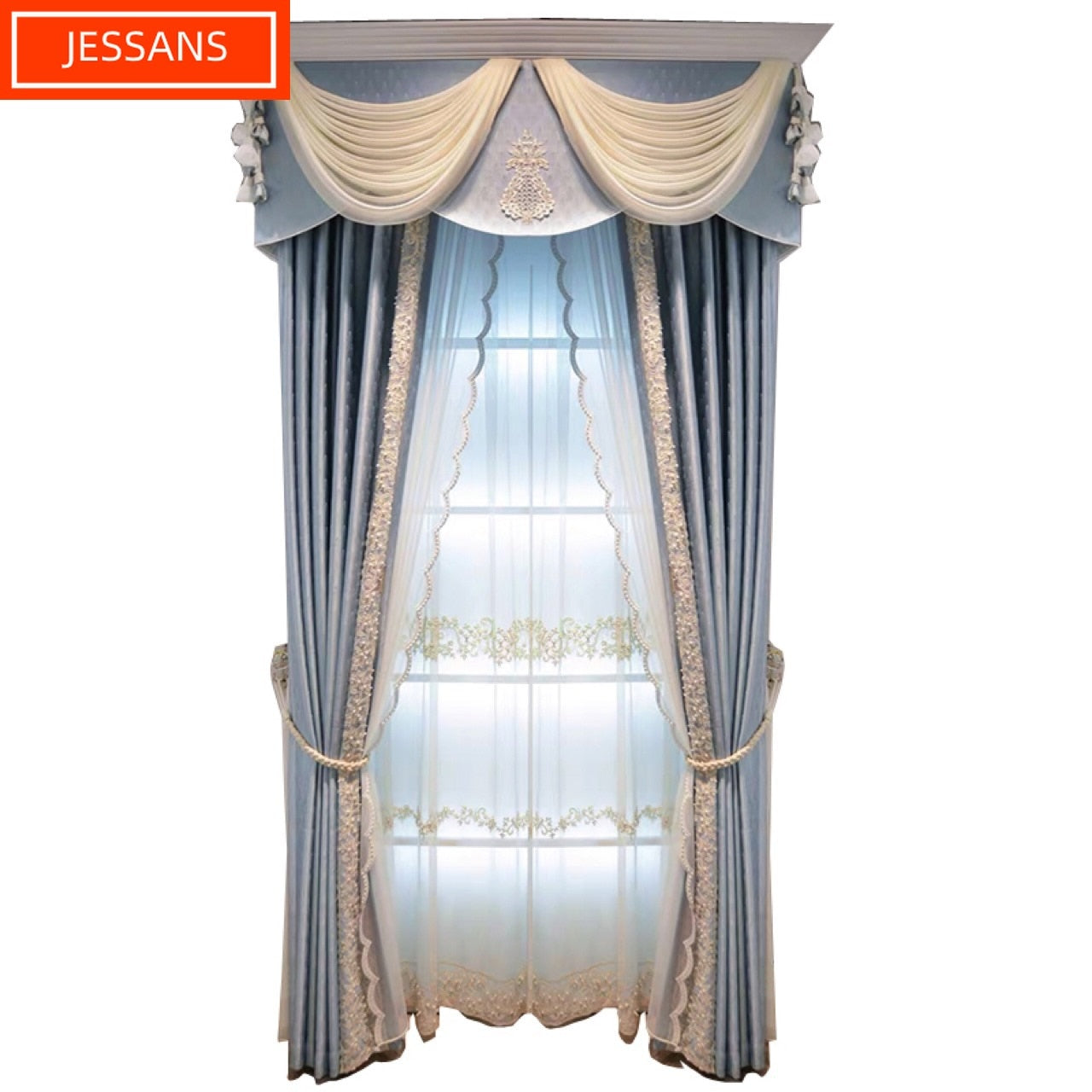 European Style Solid Color Luxury Atmosphere Blue Shade Curtains for Living Room Bedroom