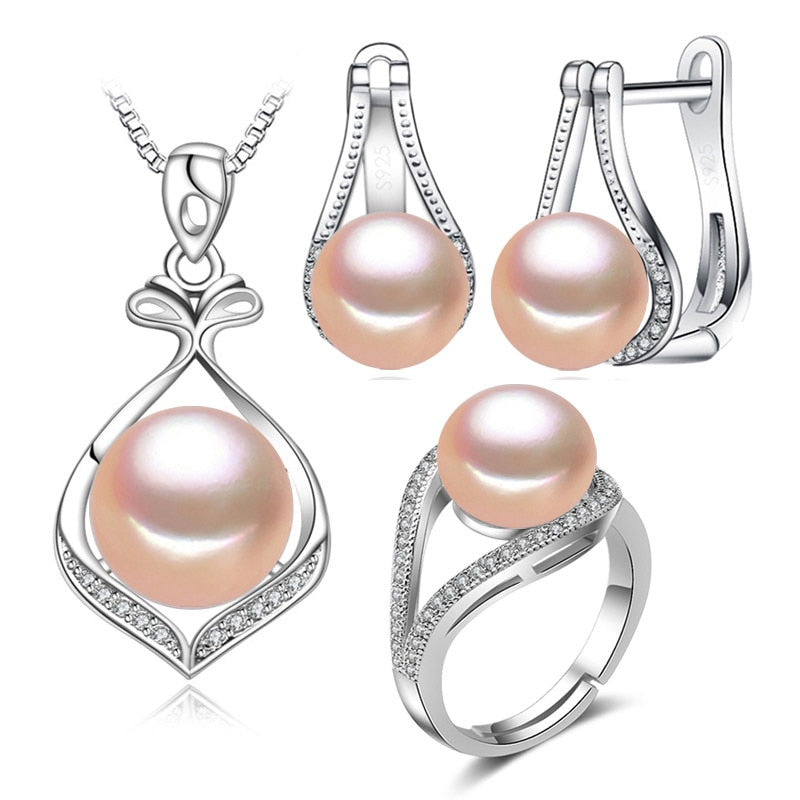 FENASY 925 Sterling Silver Pendant Necklace Natural Pearl Jewelry Sets For Women Classic Stud Earrings Fashion Party Rings