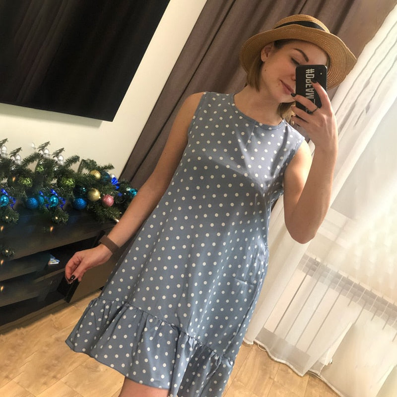 Women Summer Dress Fashion Polka Dot Sleeveless Beach Mini Dress For Women Casual Print Short Loose Blue Sundress 2020 Plus Size