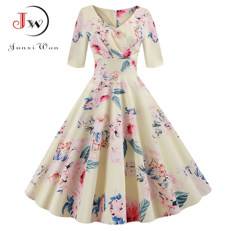 Women flower print Autumn dress Casual Winter half sleeve Elegant Vintage dress Robe femme plus size pinup office party vestidos