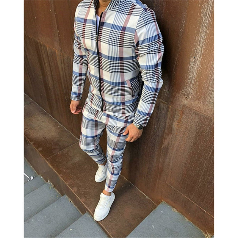 2022 Man Tracksuits Men's Sets 3D Print Sets Men Grid Two-piece Patchwork Zipper Tracksuits Small Leg Trouser Sweat Suits Sets