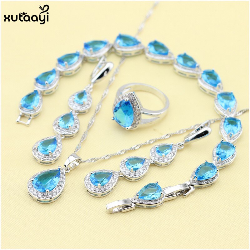 XUTAAYI Top Quality Silver Jewelry Sets Blue Created Sapphired Flawless Necklace/Rings/Earrings/Bracelet For women