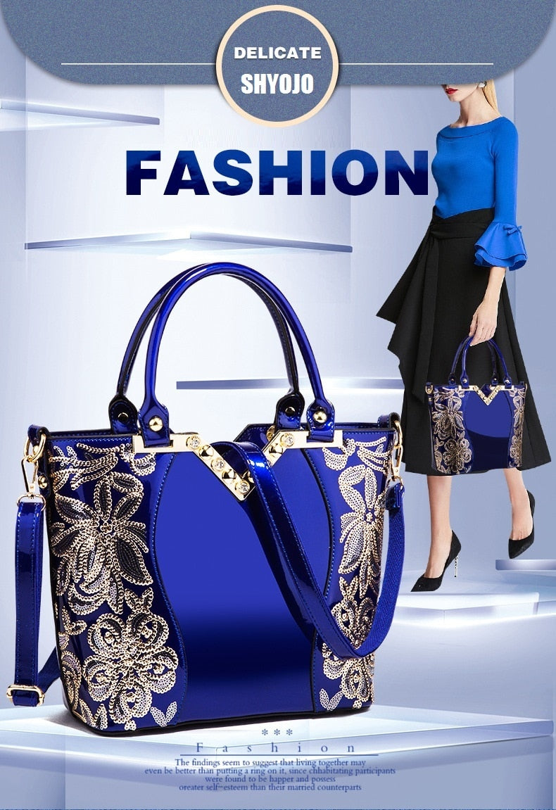 AMELISH Luxury Bag for Women 2022 High Quality Patent Leather Flower Embroidery Diamond Tote Handbag Fashion Female Shoulder Bag