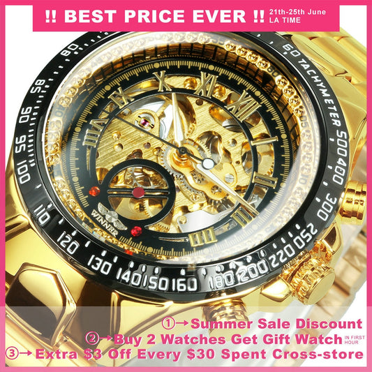 Winner Gold Skeleton Watch For Men Automatic Watches Mens 2020 Top Brand Luxury Sport Mechanical Clock Stainless Steel Relogio