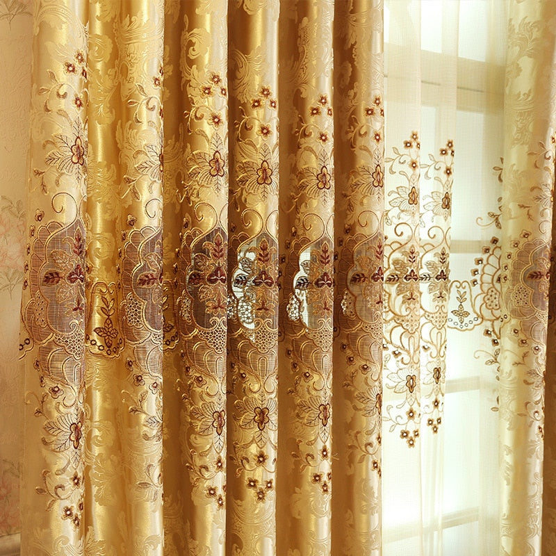 European Style Curtains for Living Dining Room Bedroom Hollow Embroidery Curtains Tulle Yellow Fabric Embroidery Window Valance