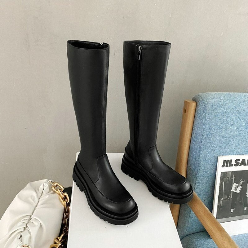 Luxury brand solid beige black punk riding boots womens winter shoes chunky heels platform knee high woman boots big size 42 43