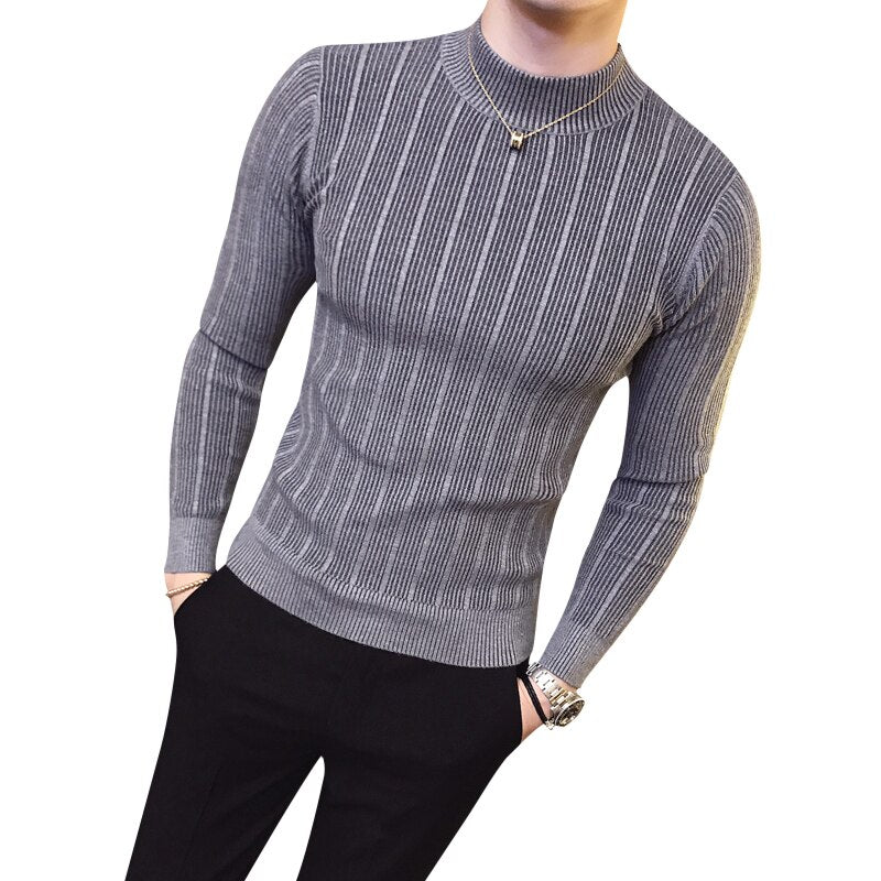 New Autumn Winter High Collar Striped Sweater Fashion Boutique Solid Color Men's Casual Knit Pullover Tight Fashion Mens Sweater