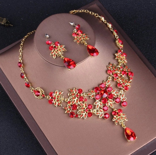 Baroque Vintage Gold Red Crystal Bridal Jewelry Sets Rhinestone Tiaras Crown Choker Necklace Earrings Set Wedding Accessories