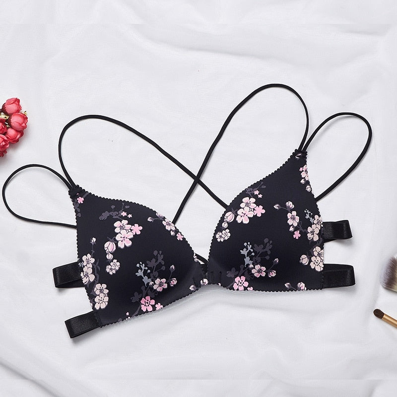 Fashion Floral Print Bra Front Buckle Underwear Seamless Cross Back Women Push Up Bras