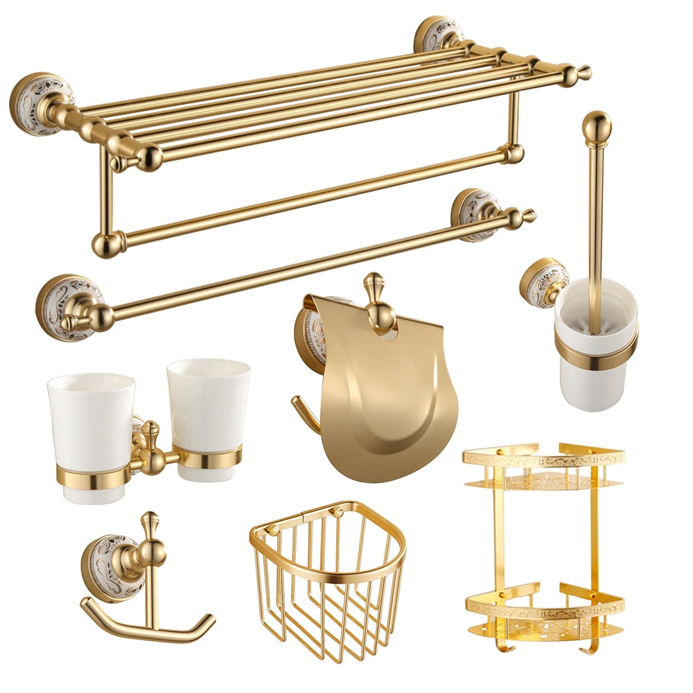 Bathroom Hardware Set Gold Towel Rack Paper Holder Towel Bar Corner Shelf Toilet Brush holder Robe Hook Bathroom Accessories