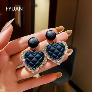 FYUAN Korean Style Black Acrylic Heart Dangle Earrings for Women Rhinestone Earrings Weddings Party Jewelry Accessories
