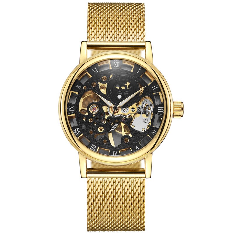 SEWOR Watch Men Skeleton Watches Stainless Steel Mesh Strap Mechanical Hand Wind Wristwatches Luxury Business Gold Watches Men