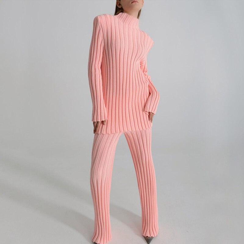 SpotLtWM Cotton Casual Women Knitted Two Piece Sets Ladies Slim Outfits Solid Striped Turtleneck Sweater And Elastic Pant Suits