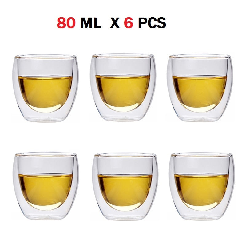 6 PCS/set 80 ml Heat-resistant Tea Glasses Cup Double Bottom Glass Lead Free Wine Whisky Milk Coffee Glass Mug Drink Ware Set