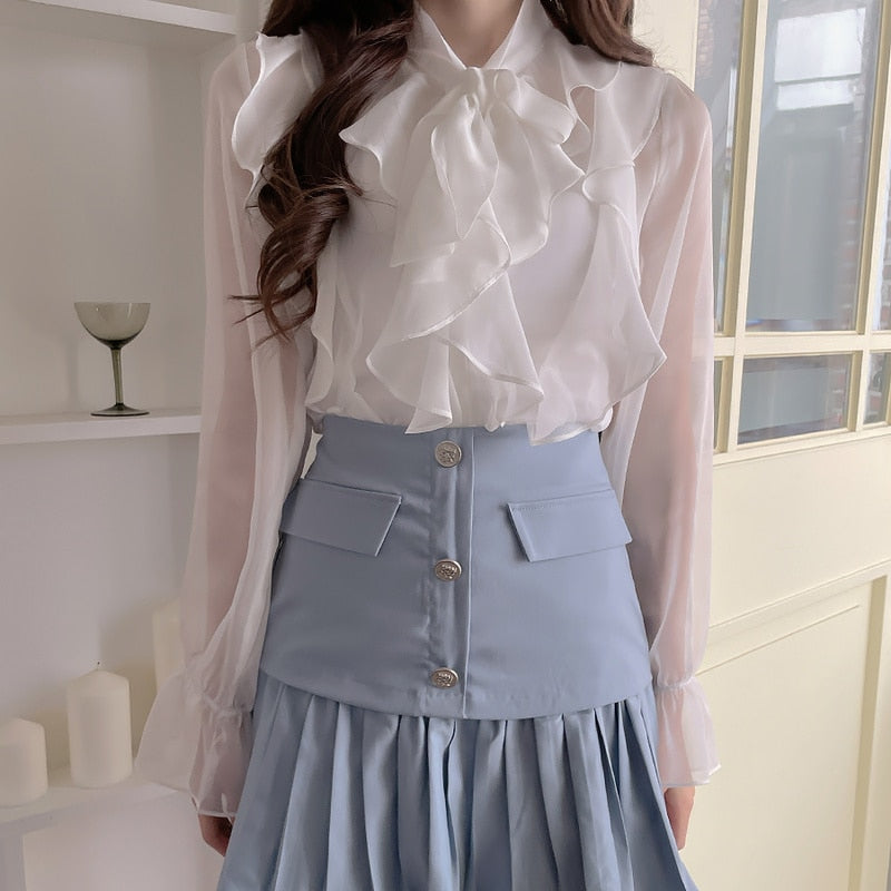 New Korean Chiffon Blouse Office Lady Fashion Tops Sweet Bow Blouse Women Blouses Casual Long Sleeve Summer Blouses Blusas 13864