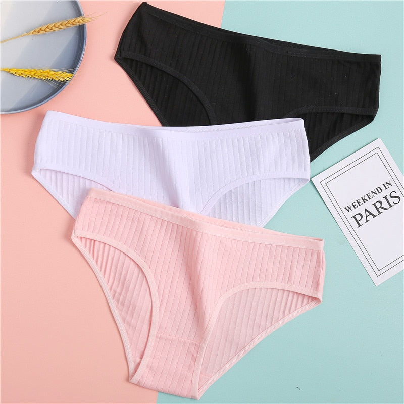 FINETOO Women's Cotton Panties 3Pcs Soft Striped Women Underpants Solid Girls Briefs Sexy Female Lingerie M-XL Comfort Underwear