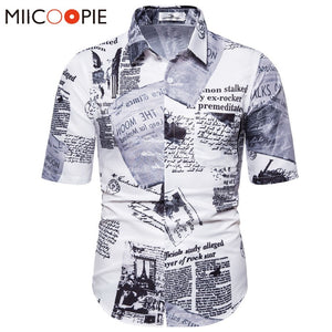 Vintage Shirt For Men Casual Postmark Newspaper Print Short Sleeve Hawaiian Shirts Streetwear Men Korean Clothes Blusa Masculina