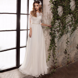 2020 Wedding Dresses Three Quarter Sleeves Top Lace Chiffon Wedding Gowns with Beading Sashes Vestido De Noiva